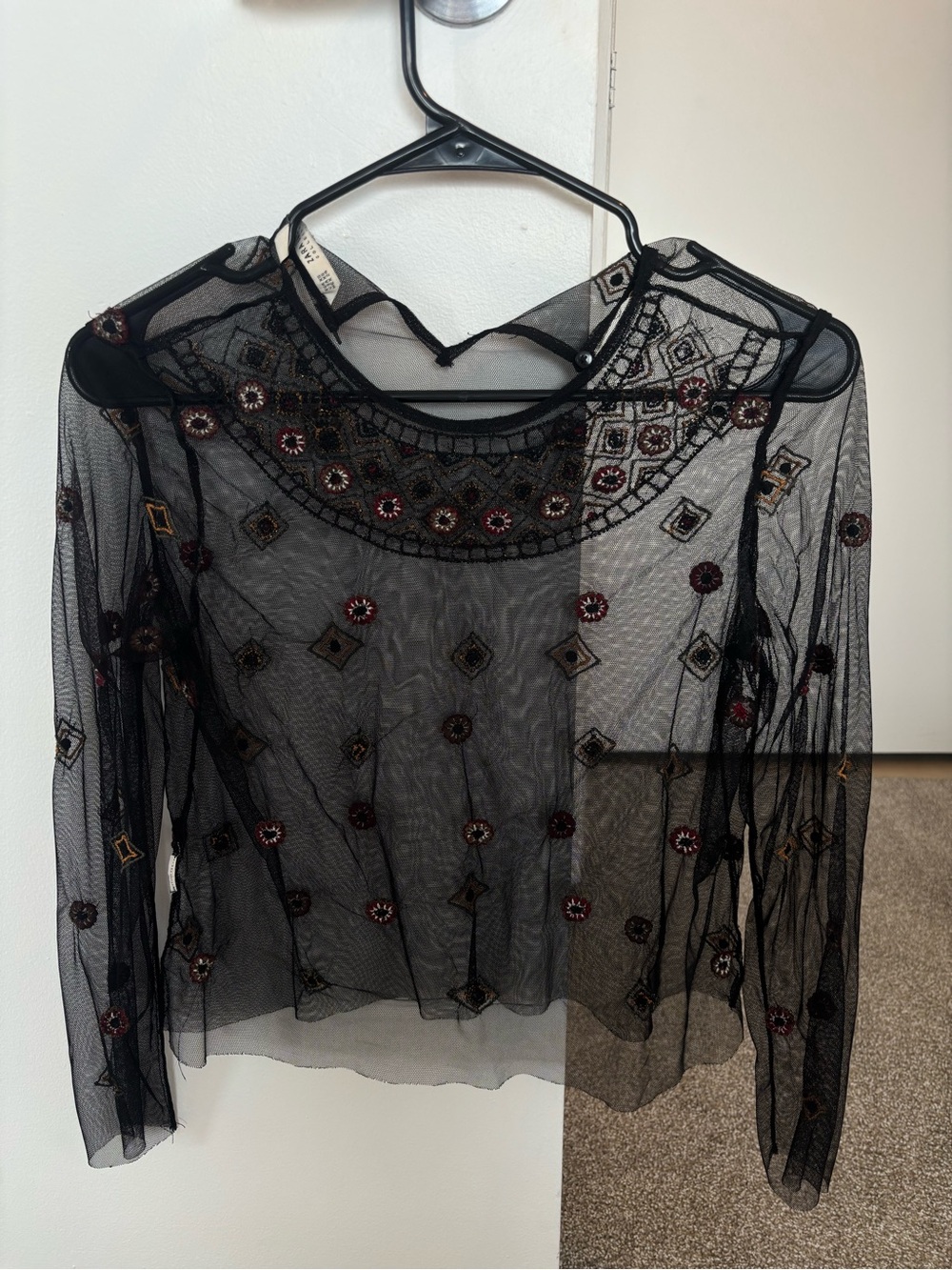 Zara Black Sheer Embroidered Mesh Long Sleeve Top